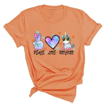 As mulheres dos desenhos animados de Paz, Amor Unicórnio Tshirt Roupas de Verão Cotoon Tshirt Tee Womens Top Unicórnio de Impressão cor de Laranja Gráfico T-shirt Feminina