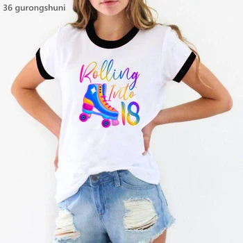 Colorido Rolando Na 14/15/16/17/18/19 Impressão Gráfica Camiseta Meninas De Patins Entusiastas T-Shirt De Verão De Moda De T-Shirt