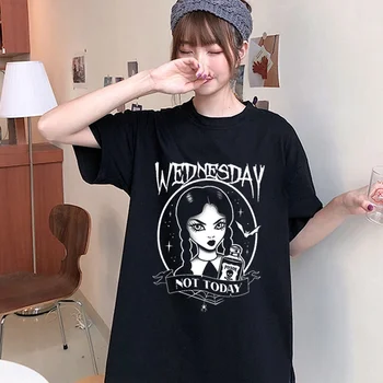 sunfiz YF Harajuku Gótico, Punk quarta-feira de Impressão Gráfica Tumblr Tops de Verão Kpop Casual T-shirt Solta O Pescoço de Grunge, as Mulheres negras
