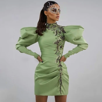Mini Luva Cheia de Flores Vestidos de Cocktail 2022 Gola Alta Verde Applique Plissado Vestido de Baile para 2022 Vestidos De Cocktail