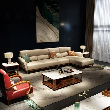 Ébano sofá nova e moderna, de estilo Chinês, de madeira maciça minimalista de 7 caracteres canto primeira camada de couro de couro Nórdicos combinação sofá