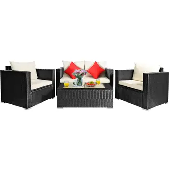 4PCS Pátio Conjunto de Móveis Acolchoados Sofá Cadeira Mesa de Café Off White HW65410CR+