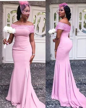 Strapless vestido de cor-de-Rosa Sereia Vestidos de Dama de honra 2022 Applique Lace Mulheres Africanas Longo dama De Honra Vestidos de Robe de sarau de mariage