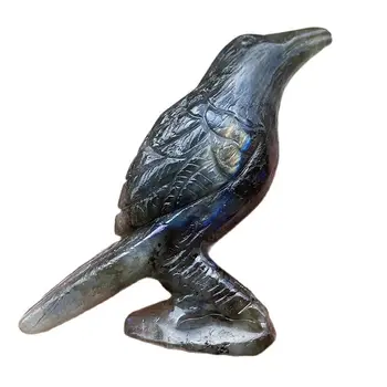 Natural Labradorite De Pedra De Mão Carving Corvo Aves Animal Estatueta De Cristal De Cura Reiki Decoração De Casa